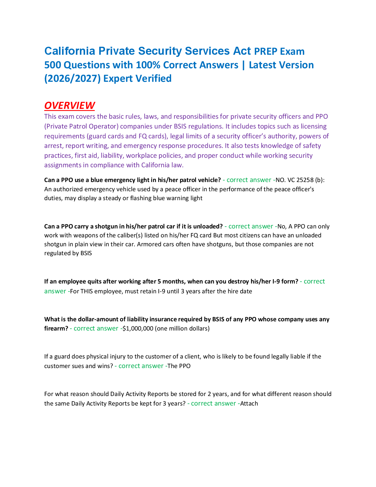 Recommended document preview for California Private Security Services Act PREP Exam  500 Questions with 100% Correct Answers | Latest Version  (2026/2027) Expert Verified