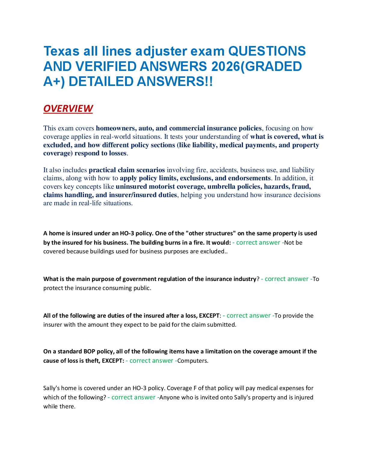 Texas all lines adjuster exam QUESTIONS  AND VERIFIED ANSWERS 2026(GRADED  A+) DETAILED ANSWERS!!