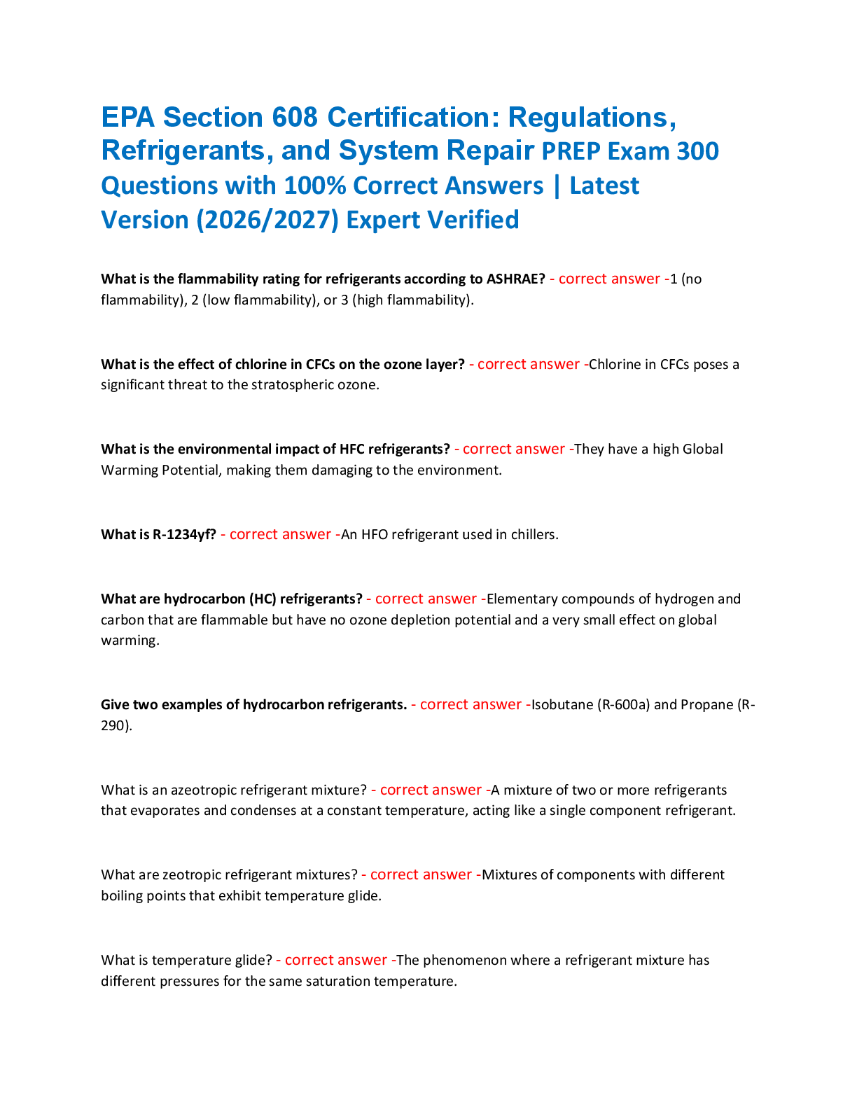 EPA Section 608 Certification: Regulations,  Refrigerants, and System Repair PREP Exam 300  Questions with 100% Correct Answers | Latest  Version (2026/2027) Expert Verified