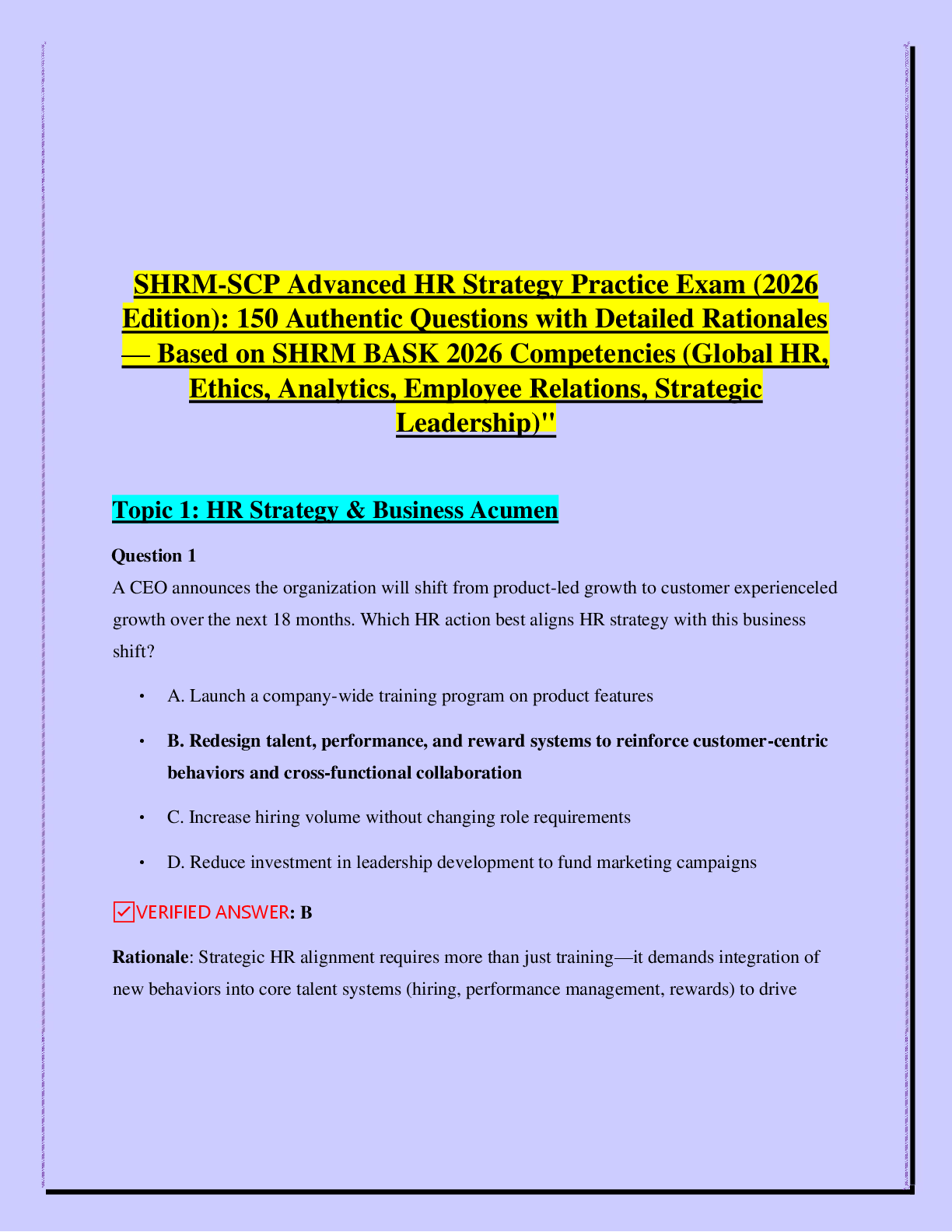 Preview of SHRM-SCP Advanced HR Strategy Practice Exam (2026   Edition): 150 Authentic Questions with Detailed Rationales   — Based on SHRM BASK 2026 Competencies (Global HR,   Ethics, Analytics, Employee Relations, Strategic   Leadership)"