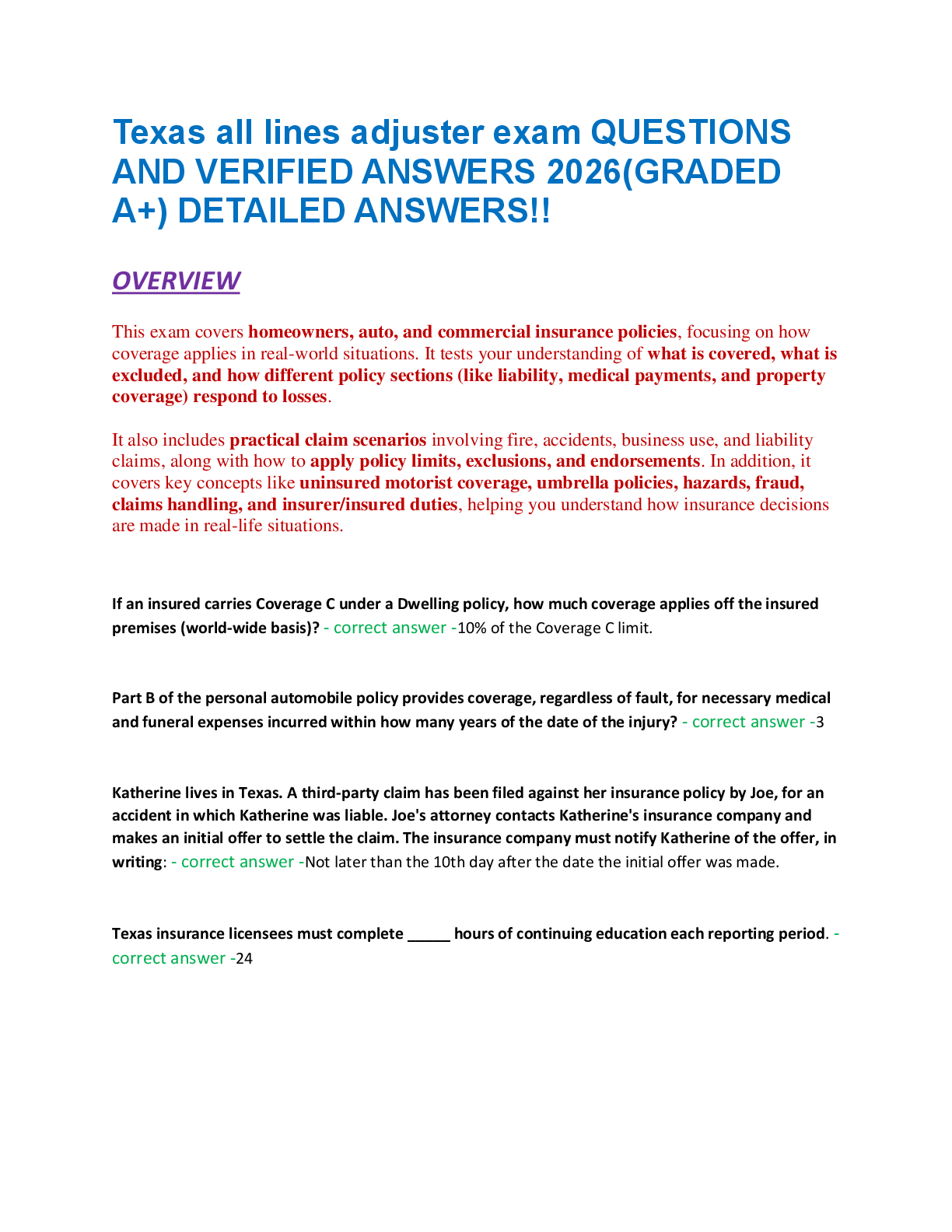 Texas all lines adjuster exam QUESTIONS  AND VERIFIED ANSWERS 2026(GRADED  A+) DETAILED ANSWERS!!