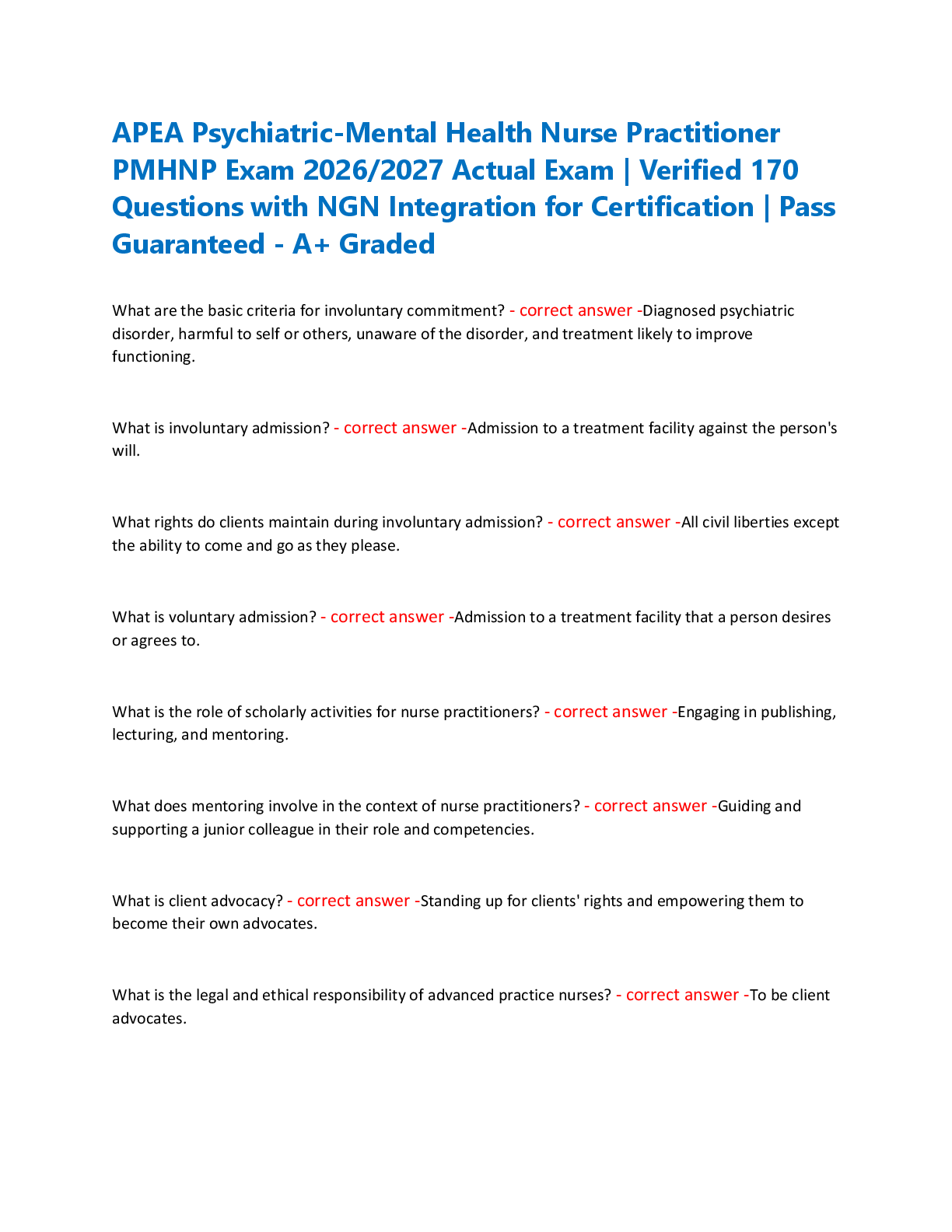 Preview of APEA Psychiatric-Mental Health Nurse Practitioner  PMHNP Exam 2026/2027 Actual Exam | Veri
