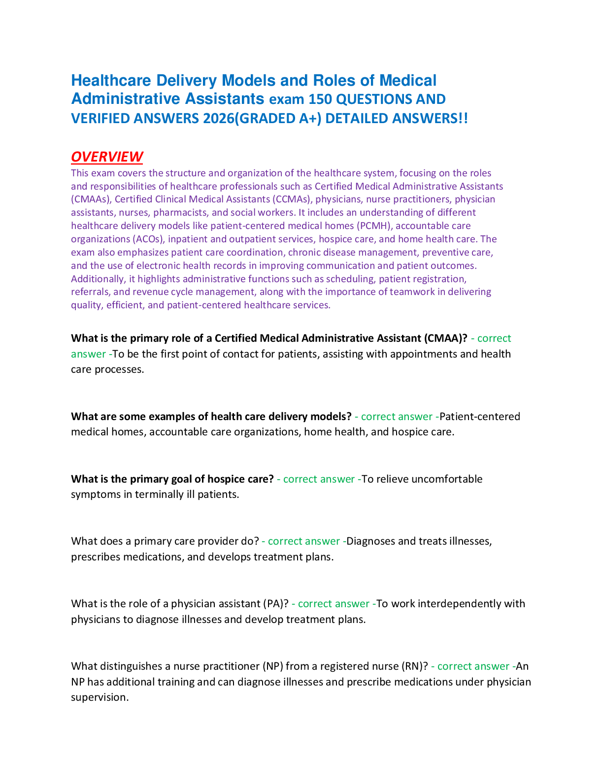 Preview of Healthcare Delivery Models and Roles of Medical  Administrative Assistants exam 150 QUESTI