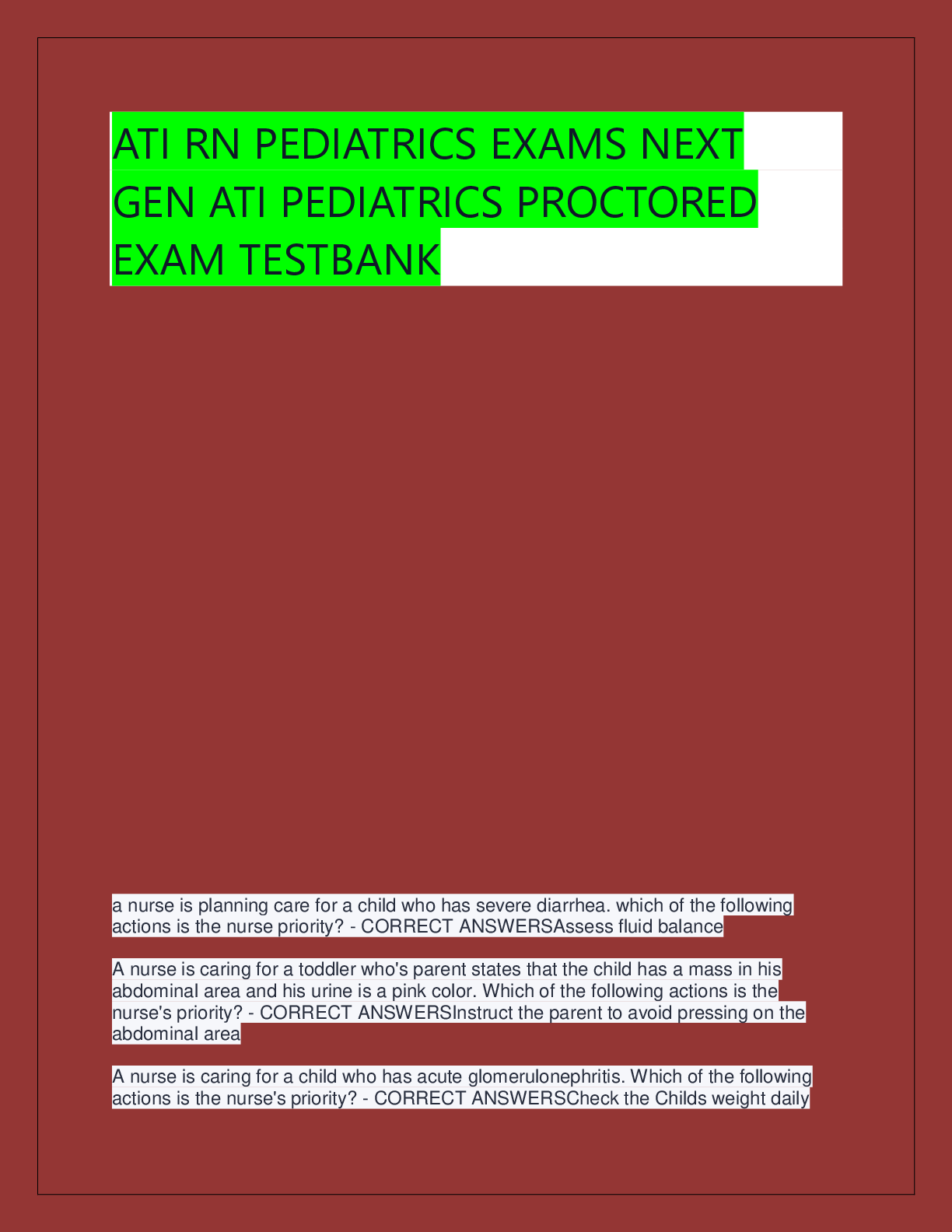 Preview of ATI RN PEDIATRICS EXAMS NEXT  GEN ATI PEDIATRICS PROCTORED  EXAM TESTBANK