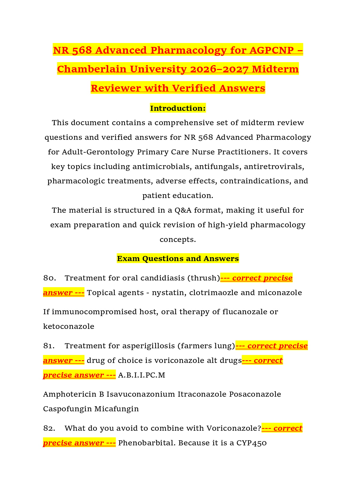 Preview of NR 568 Advanced Pharmacology for AGPCNP – Chamberlain University 2026–2027 Midterm Reviewe