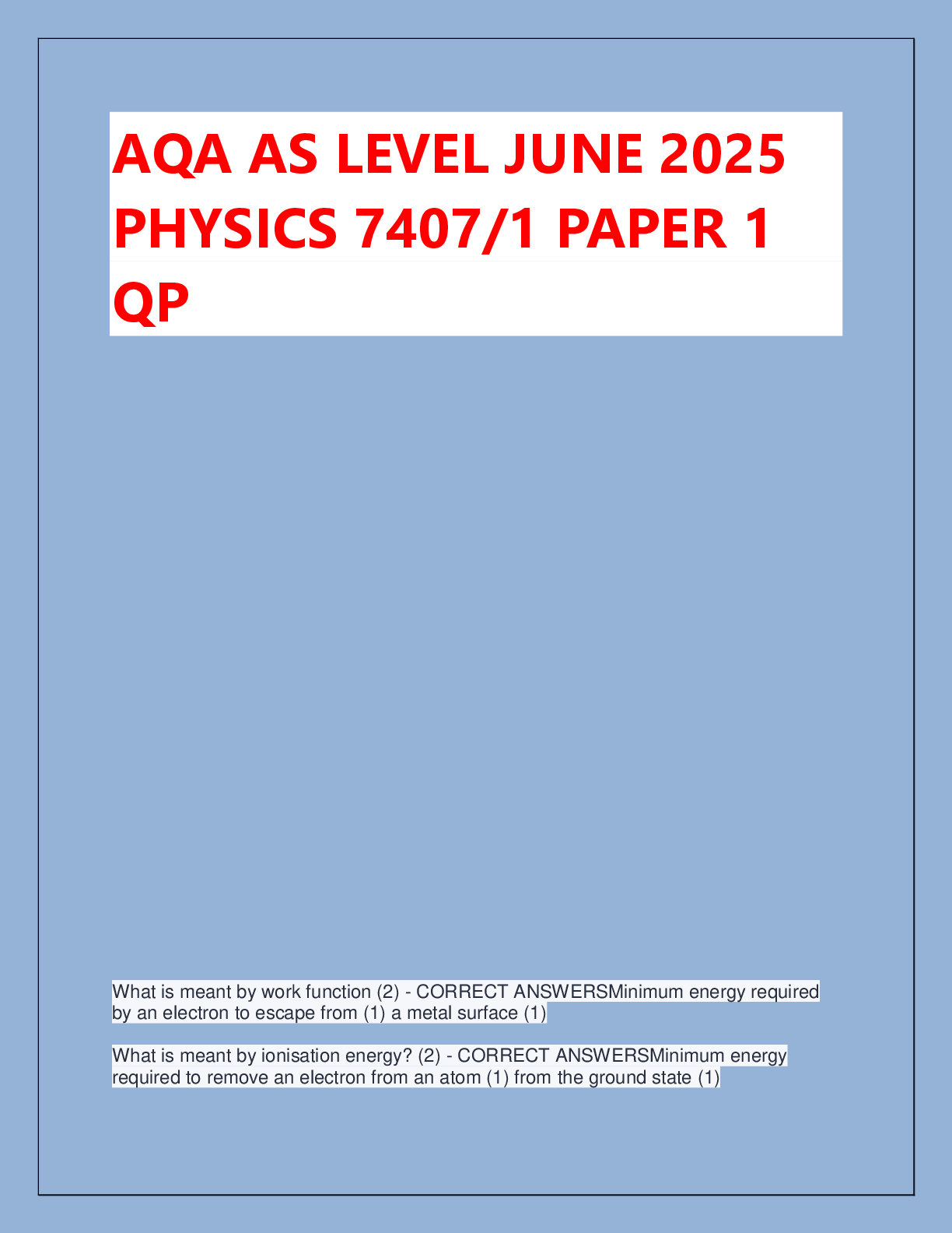 Preview of AQA AS LEVEL JUNE 2025  PHYSICS 7407/1 PAPER 1  QP