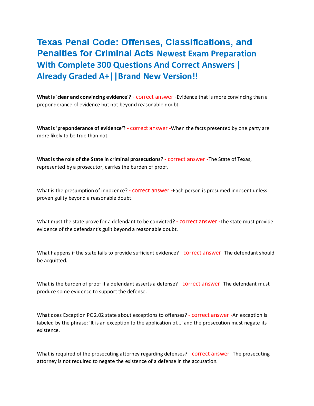 Texas Penal Code: Offenses, Classifications, and  Penalties for Criminal Acts Newest Exam Preparation  With Complete 300 Questions And Correct Answers |  Already Graded A+||Brand New Version!!