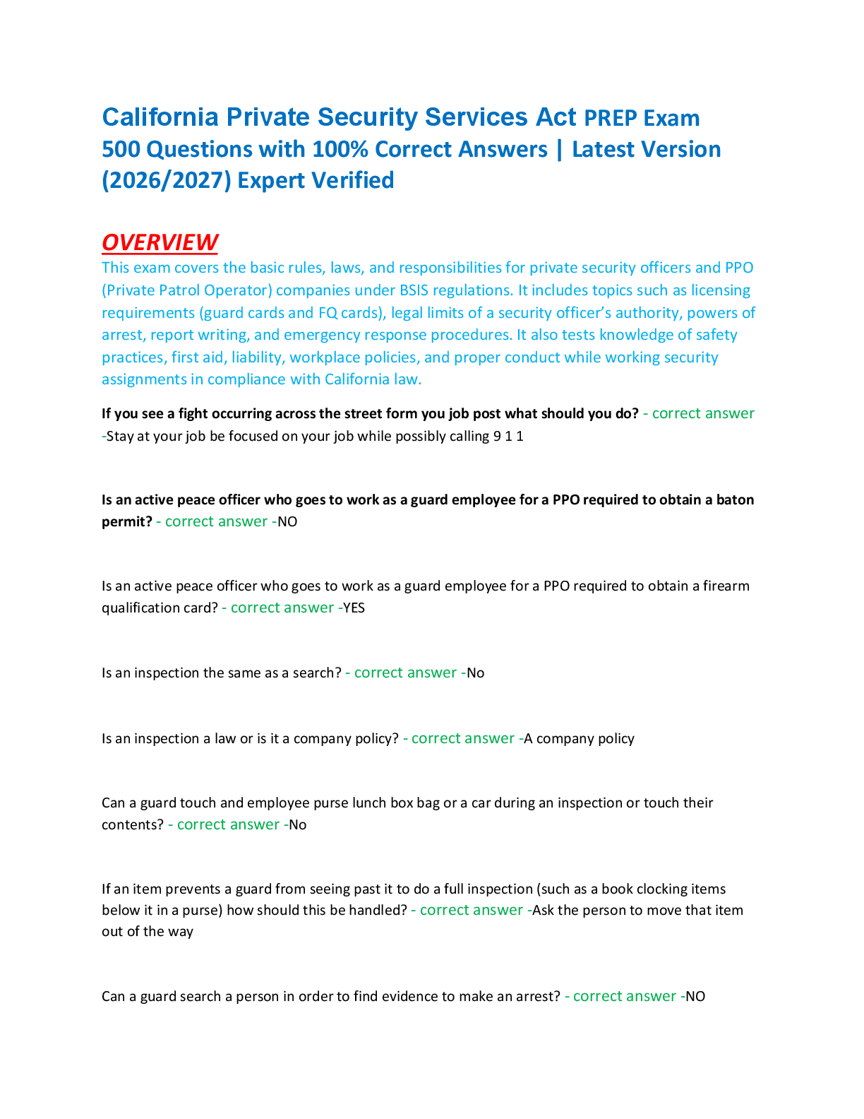 Recommended document preview for California Private Security Services Act PREP Exam  500 Questions with 100% Correct Answers | Latest Version  (2026/2027) Expert Verified