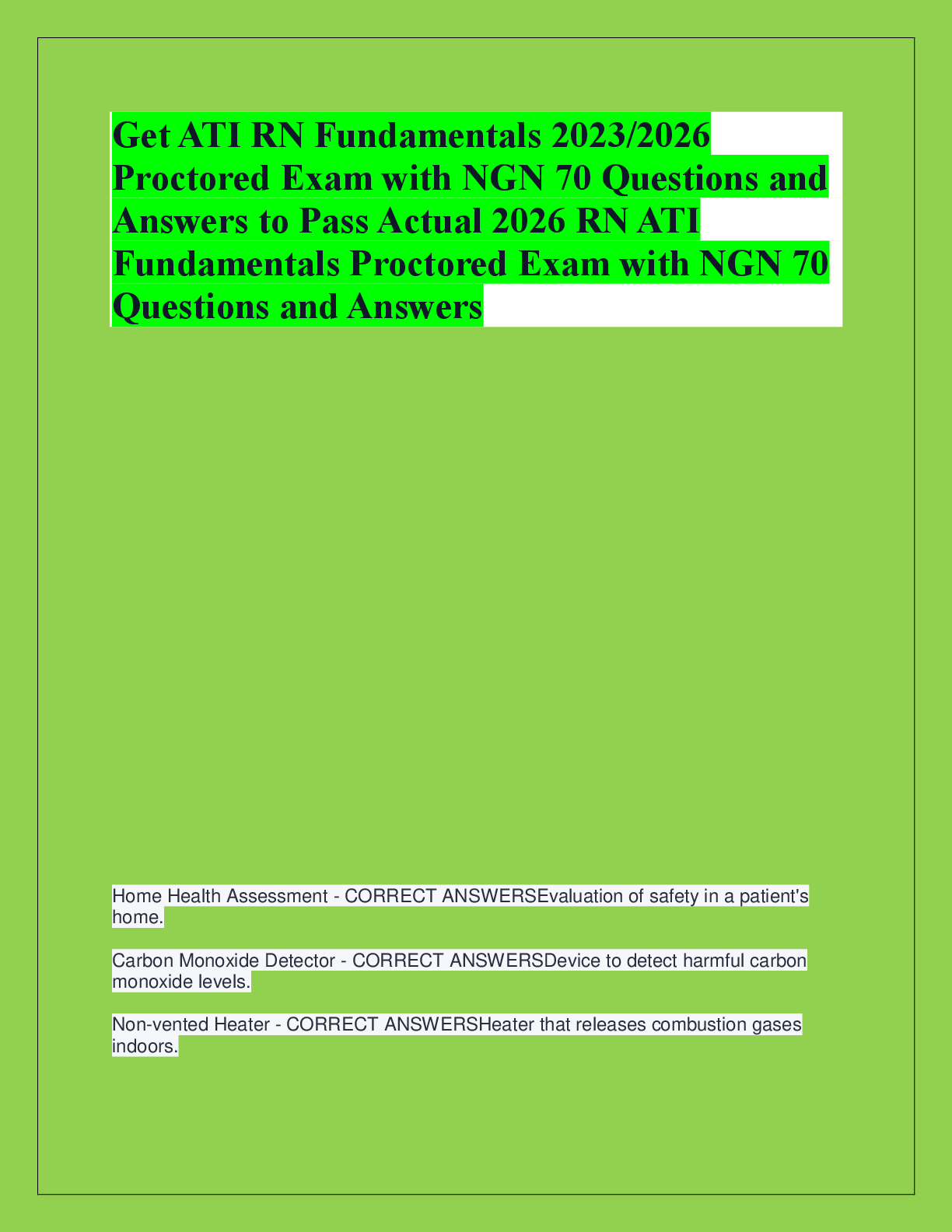 Preview of Get ATI RN Fundamentals 2023/2026  Proctored Exam with NGN 70 Questions and  Answers to Pa