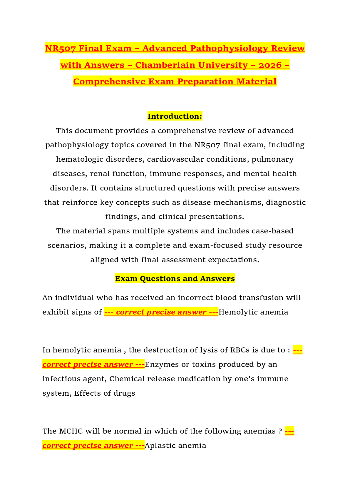 Recommended document preview for NR507 Final Exam – Advanced Pathophysiology Review with Answers – Chamberlain University – 2026 – Comprehensive Exam Preparation Material