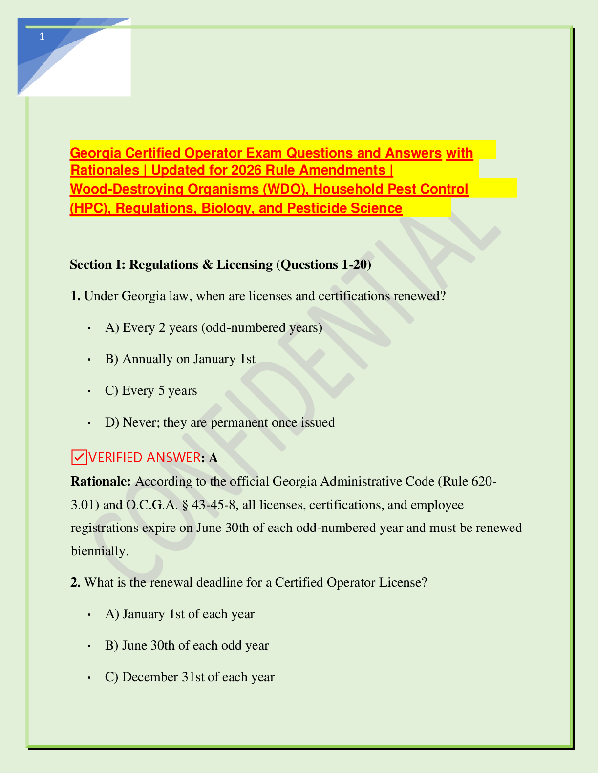 Recommended document preview for Georgia Certified Operator Exam Questions and Answers with  Rationales | Updated for 2026 Rule Amendments |   Wood-Destroying Organisms (WDO), Household Pest Control   (HPC), Regulations, Biology, and Pesticide Science