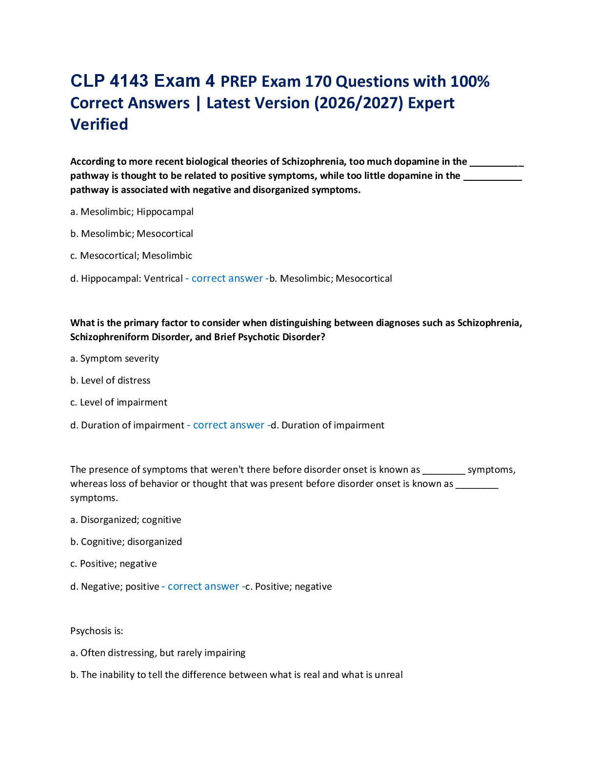 Recommended document preview for CLP 4143 Exam 4 PREP Exam 170 Questions with 100%  Correct Answers | Latest Version (2026/2027) Expert  Verified
