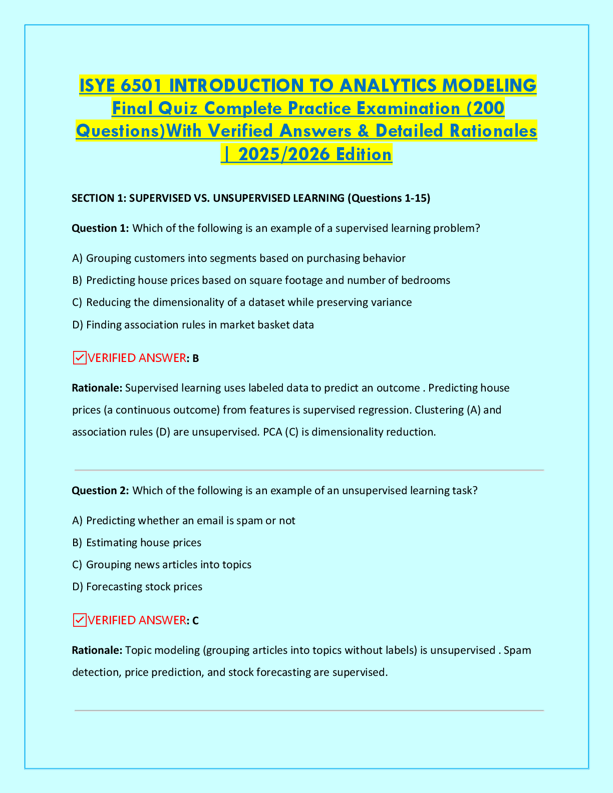 Preview of ISYE 6501 INTRODUCTION TO ANALYTICS MODELING  Final Quiz Complete Practice Examination (200   Questions)With Verified Answers & Detailed Rationales   | 2025/2026 Edition