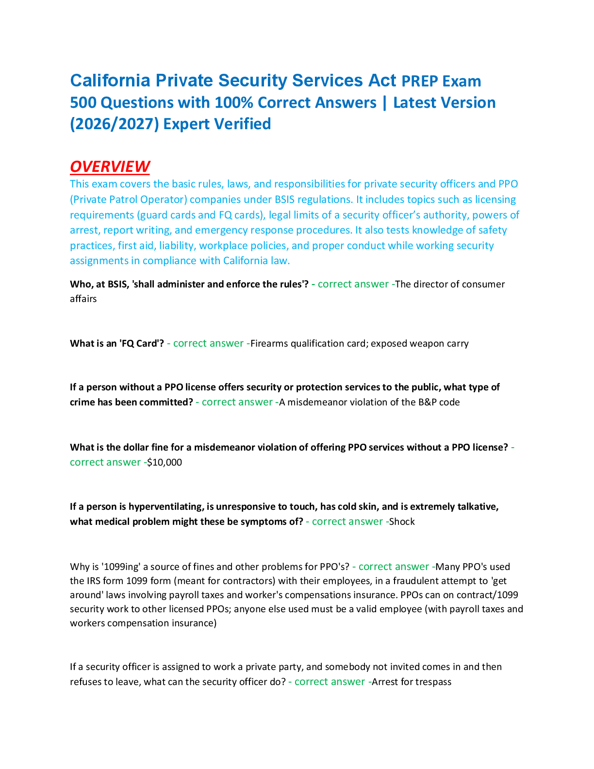 Recommended document preview for California Private Security Services Act PREP Exam  500 Questions with 100% Correct Answers | Latest Version  (2026/2027) Expert Verified