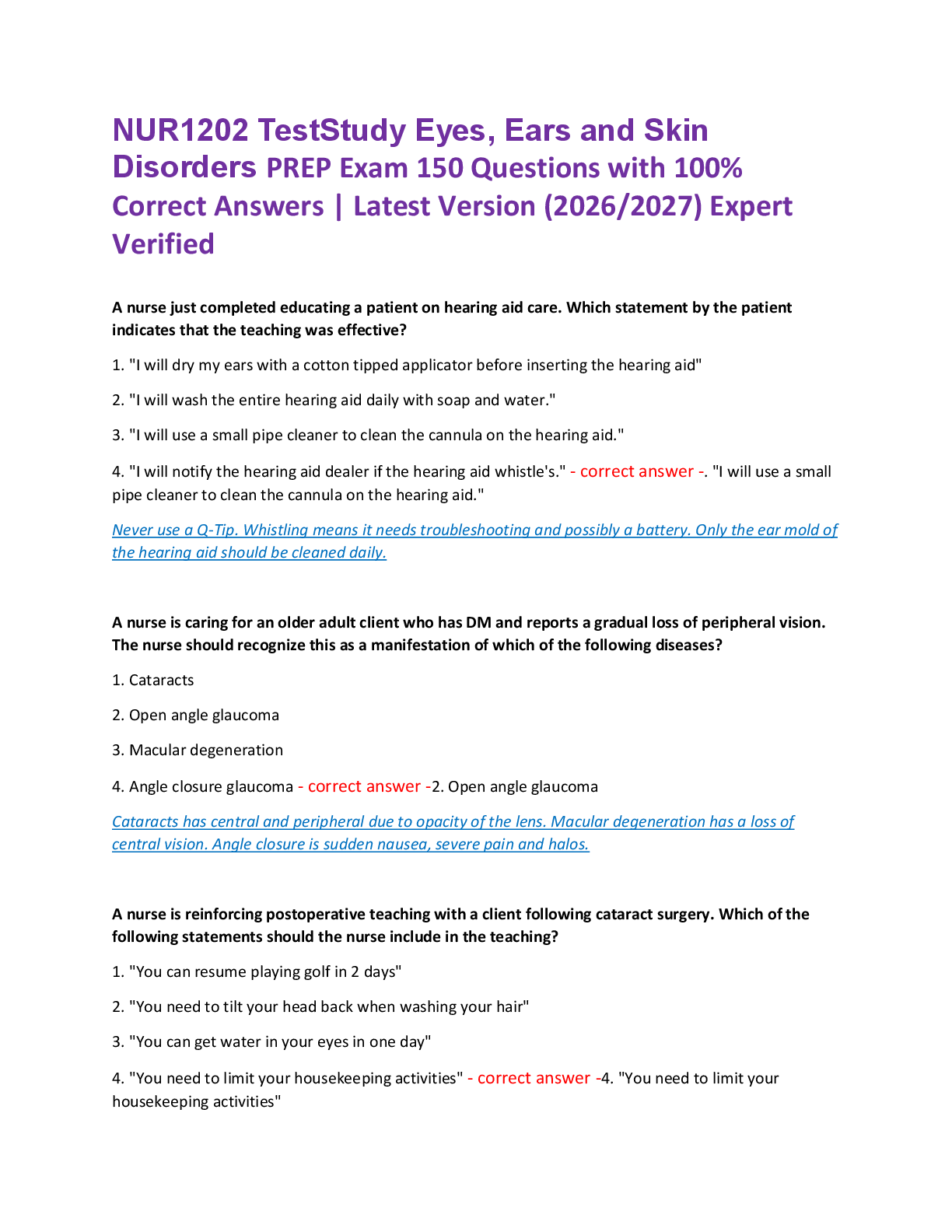 Recommended document preview for NUR1202 TestStudy Eyes, Ears and Skin  Disorders PREP Exam 150 Questions with 100%  Correct Answers | Latest Version (2026/2027) Expert  Verified