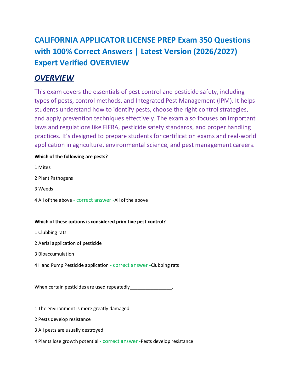 Recommended document preview for CALIFORNIA APPLICATOR LICENSE PREP Exam 350 Questions  with 100% Correct Answers | Latest Version (2026/2027)  Expert Verified OVERVIEW