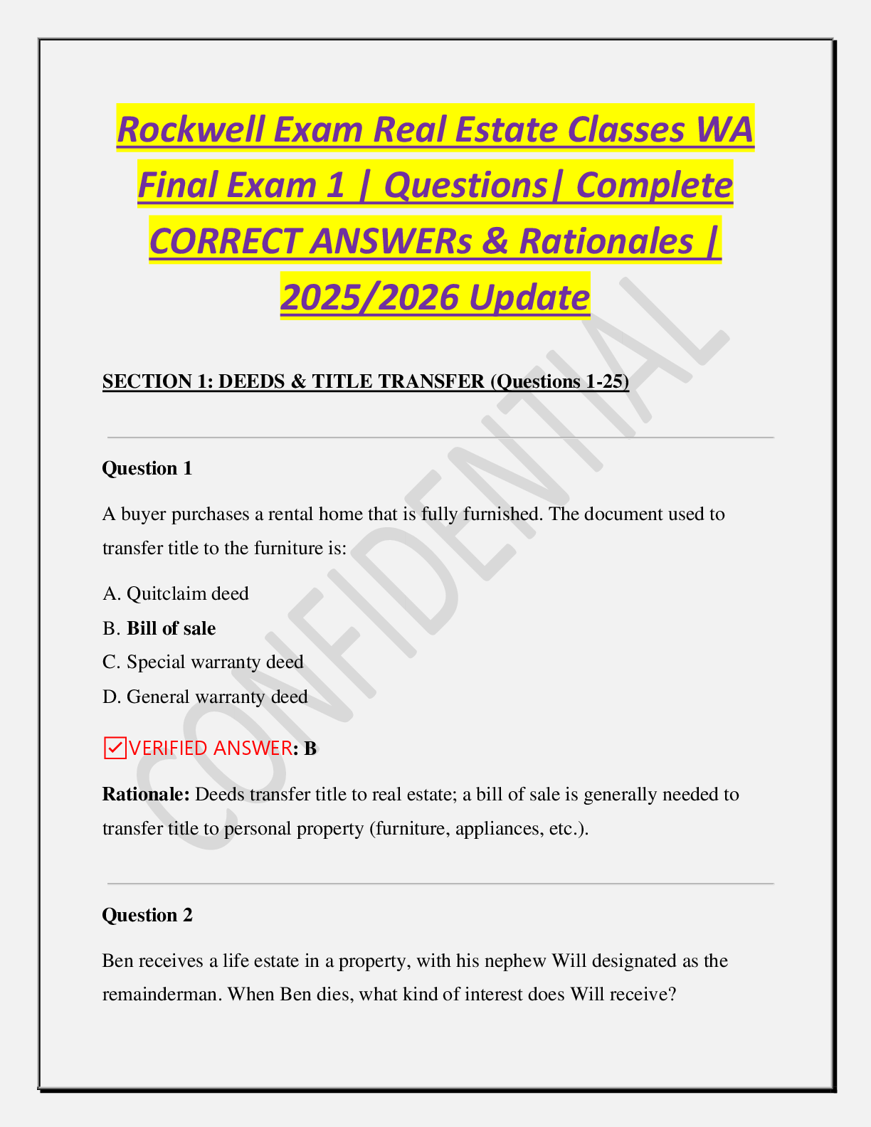 Preview of Rockwell Exam Real Estate Classes WA   Final Exam 1 | Questions| Complete    CORRECT ANSWERs & Rationales |   2025/2026 Update