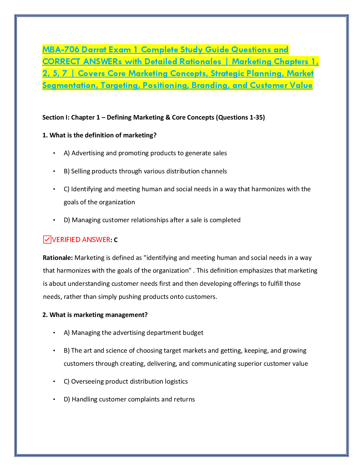 Preview of MBA-706 Darrat Exam 1 Complete Study Guide Questions and    CORRECT ANSWERs with Detailed Rationales | Marketing Chapters 1,   2, 5, 7 | Covers Core Marketing Concepts, Strategic Planning, Market   Segmentation, Targeting, Positioning, Branding, and Customer Value