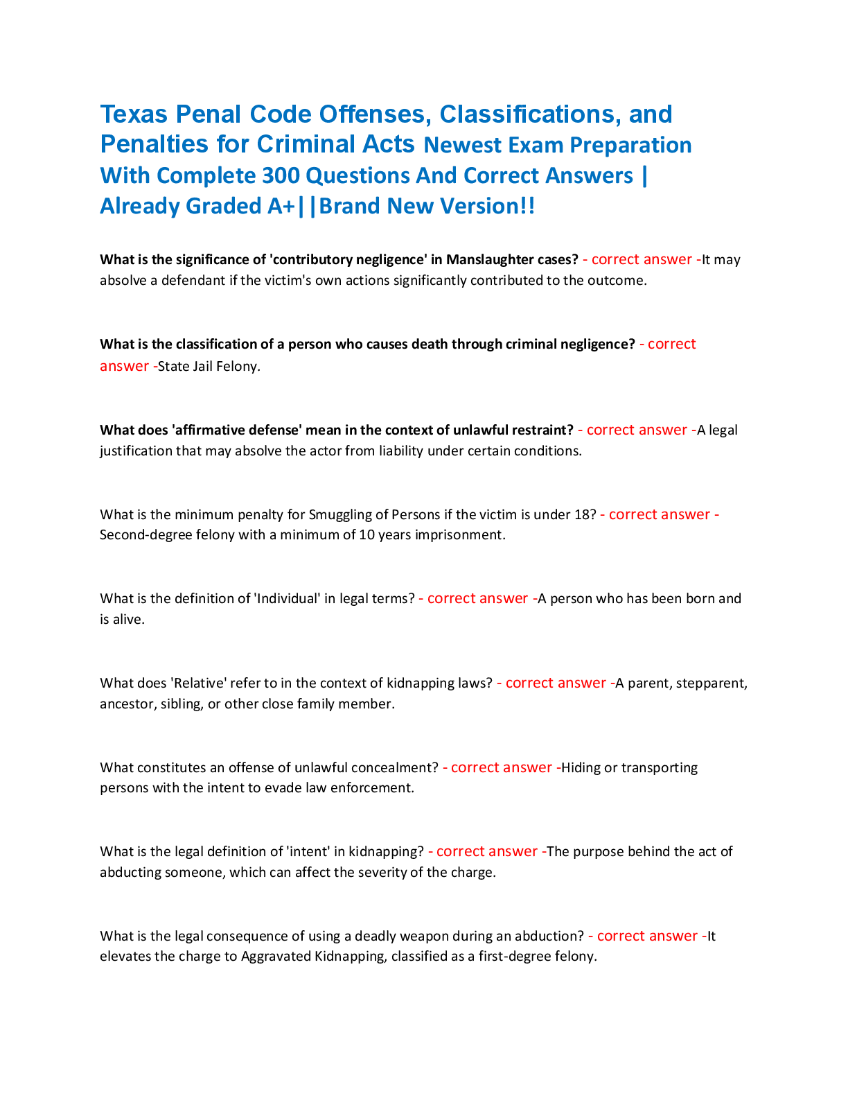 Texas Penal Code Offenses, Classifications, and  Penalties for Criminal Acts Newest Exam Preparation  With Complete 300 Questions And Correct Answers |  Already Graded A+||Brand New Version!!