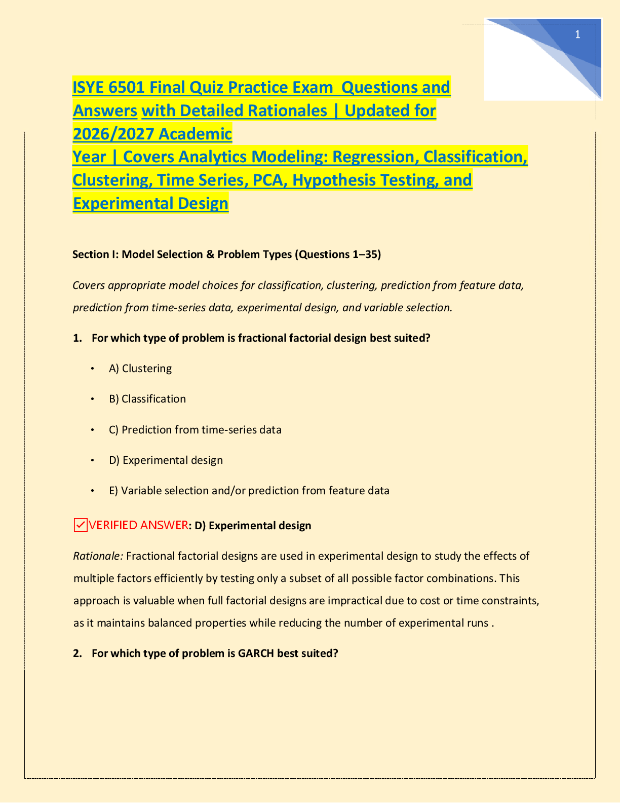 Preview of ISYE 6501 Final Quiz | Questions and CORRECT ANSWERs |   2025/2026 Update | 100% Correct\ ISYE 6501 INTRODUCTION TO   ANALYTICS MODELING Final Quiz Complete Practice Examination    Questions)With Verified Answers & Detailed Rationales