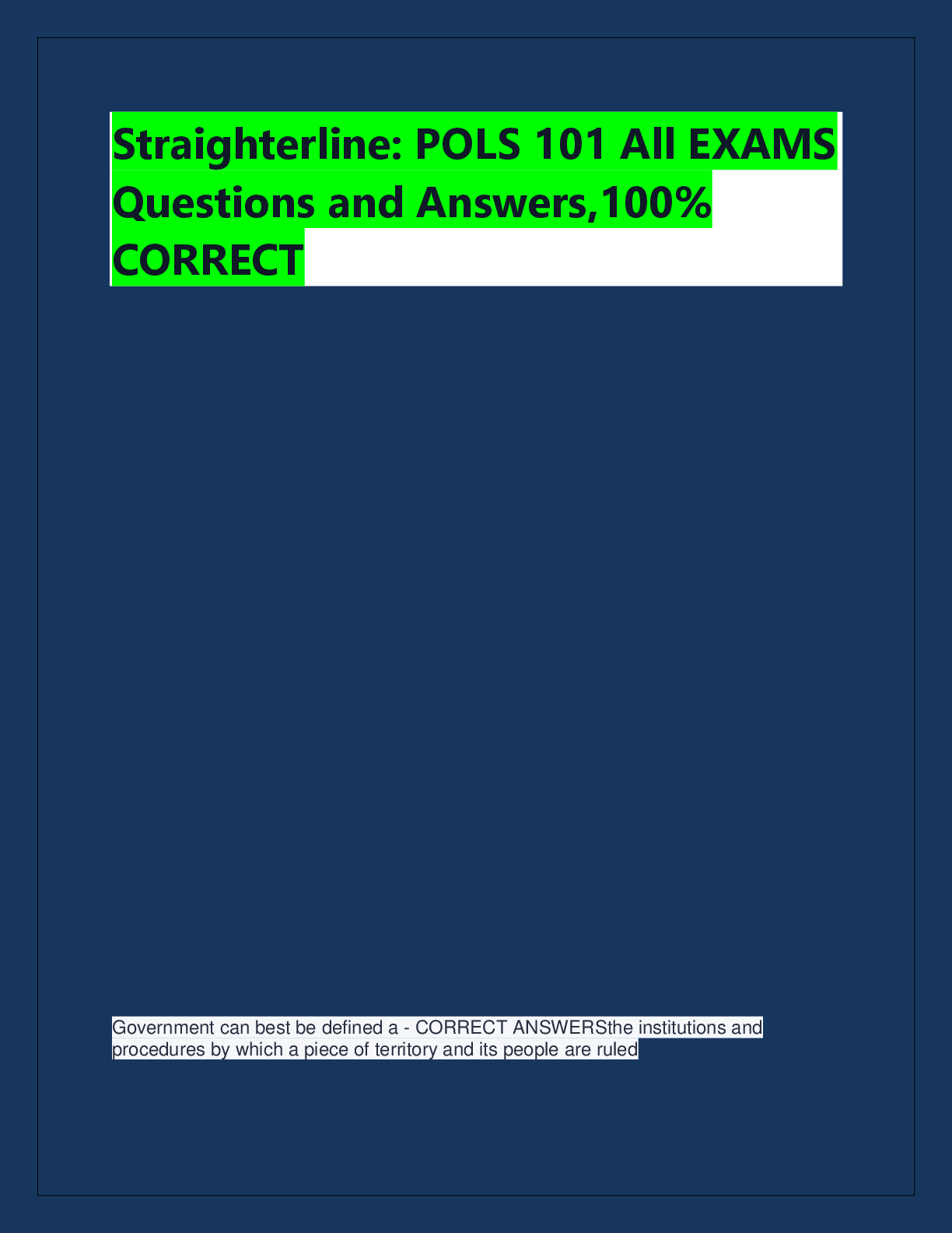 Preview of Straighterline: POLS 101 All EXAMS  Questions and Answers,100%  CORRECT