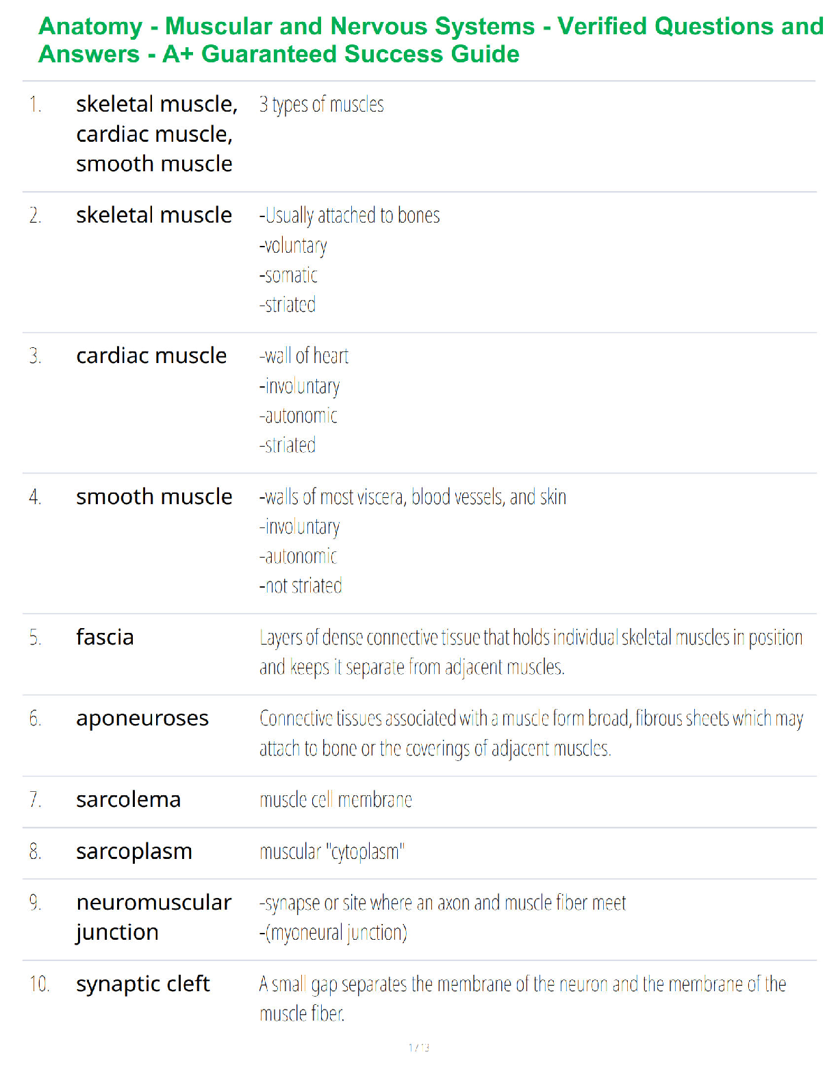 Anatomy - Muscular and Nervous Systems - Verified Questions and Answers - A+ Guaranteed Success Guide