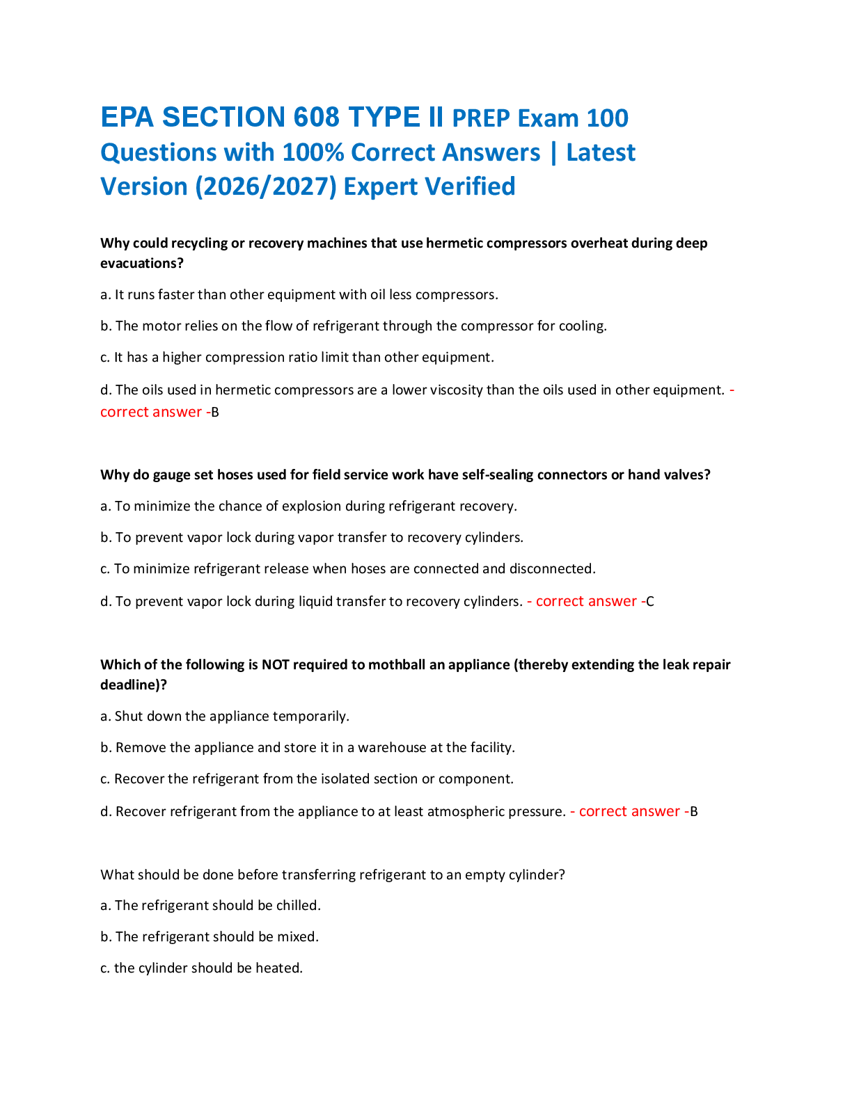 Preview of EPA SECTION 608 TYPE II PREP Exam 100  Questions with 100% Correct Answers | Latest  Versi