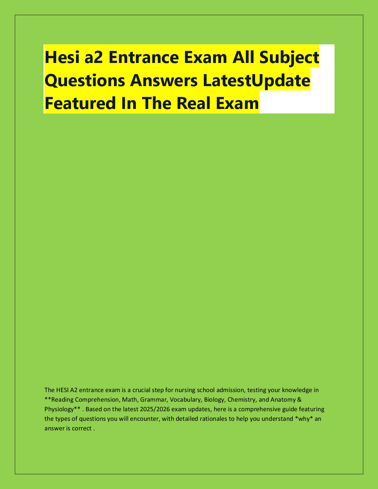 Preview of Hesi a2 Entrance Exam All Subject  Questions Answers LatestUpdate  Featured In The Real Ex