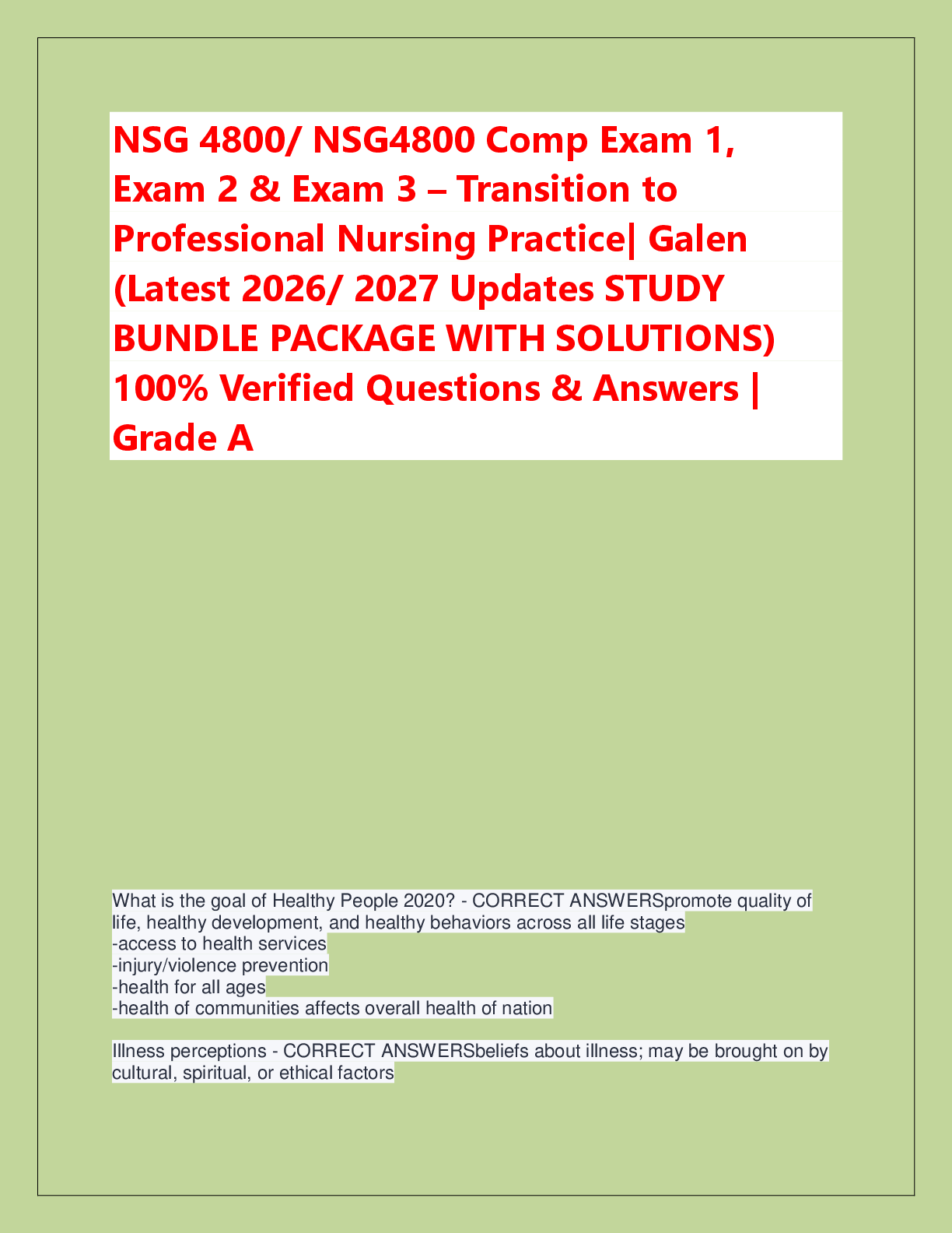Preview of NSG 4800/ NSG4800 Comp Exam 1,  Exam 2 & Exam 3 – Transition to  Professional Nursing Practice| Galen  (Latest 2026/ 2027 Updates STUDY  BUNDLE PACKAGE WITH SOLUTIONS)  100% Verified Questions & Answers |  Grade A