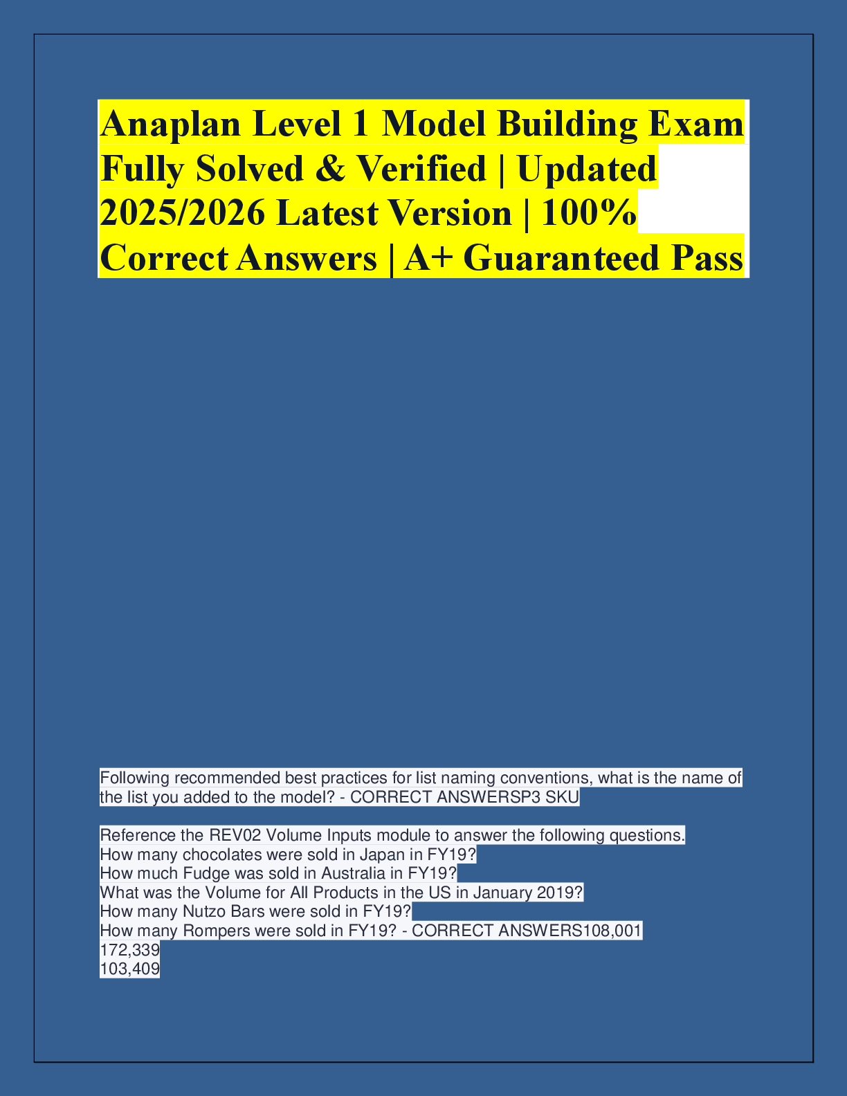 Recommended document preview for Anaplan Level 1 Model Building Exam  Fully Solved & Verified | Updated  2025/2026 Latest Version | 100%  Correct Answers | A+ Guaranteed Pass