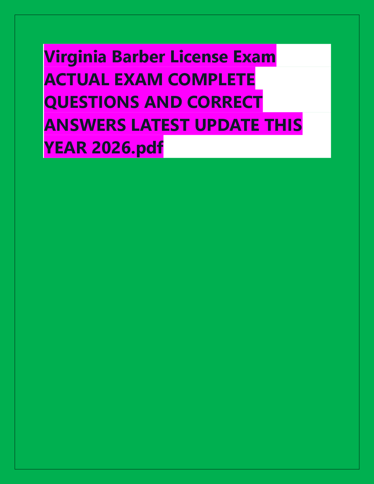 Preview of Virginia Barber License Exam  ACTUAL EXAM COMPLETE  QUESTIONS AND CORRECT  ANSWERS LATEST UPDATE THIS  YEAR 2026.pdf