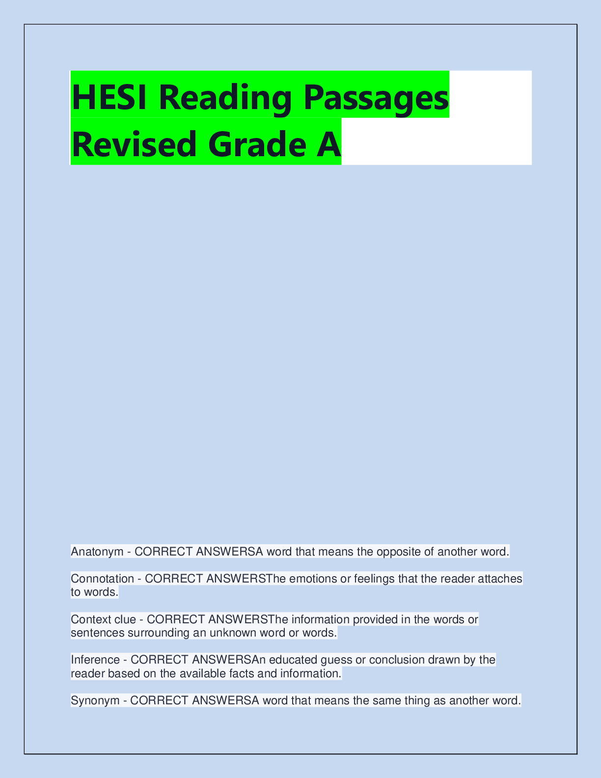 Preview of HESI Reading Passages  Revised Grade A