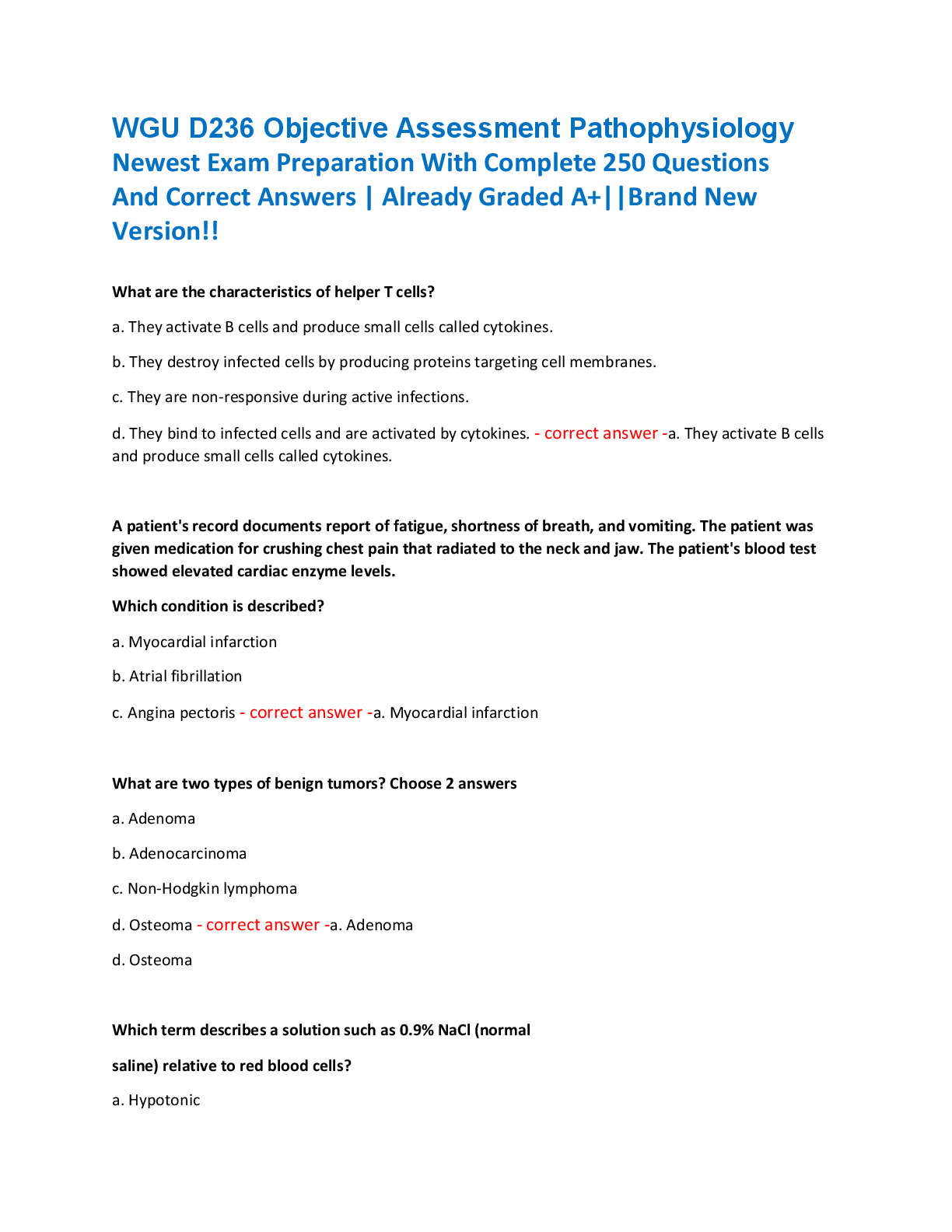 WGU D236 Objective Assessment Pathophysiology  Newest Exam Preparation With Complete 250 Questions  And Correct Answers | Already Graded A+||Brand New  Version!!