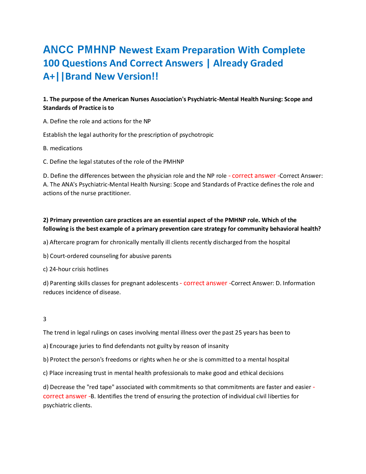 ANCC PMHNP Newest Exam Preparation With Complete  100 Questions And Correct Answers | Already Graded  A+||Brand New Version!!
