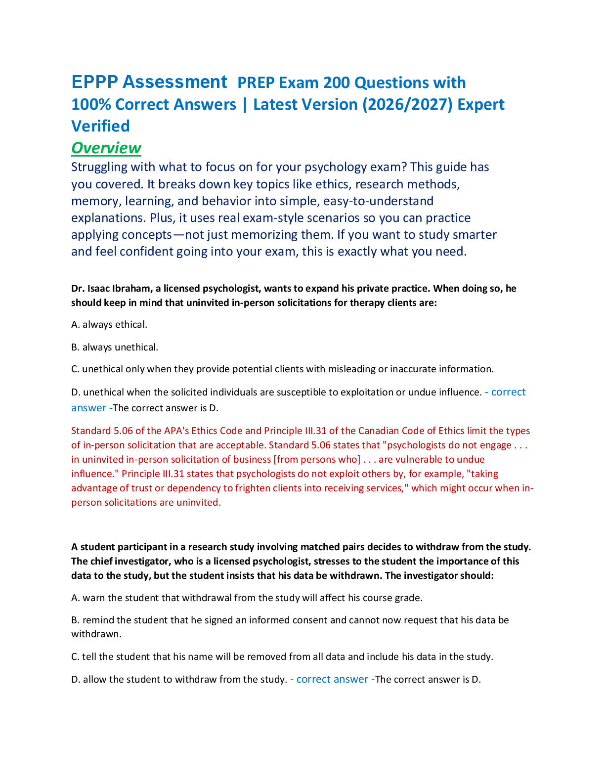 EPPP Assessment  PREP Exam 200 Questions with  100% Correct Answers | Latest Version (2026/2027) Expert  Verified