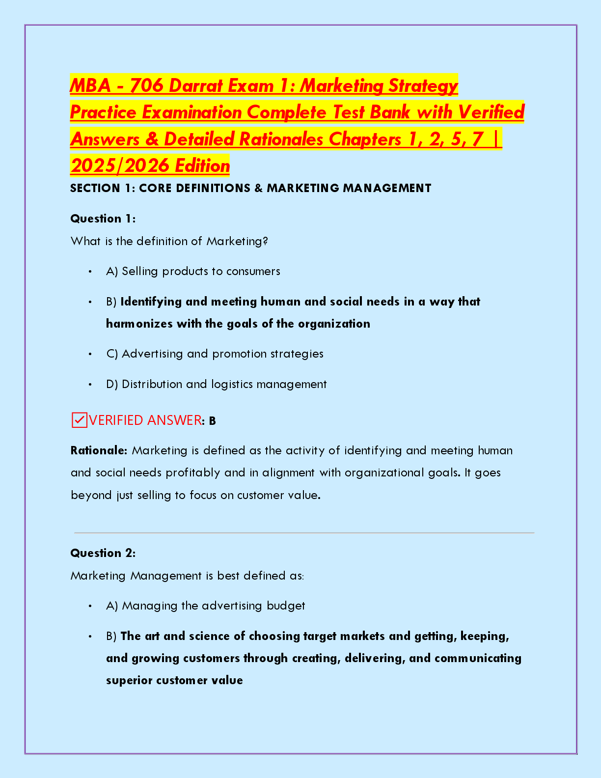 Recommended document preview for MBA - 706 Darrat Exam 1: Marketing Strategy   Practice Examination Complete Test Bank with Verified   Answers & Detailed Rationales Chapters 1, 2, 5, 7 |   2025/2026 Edition