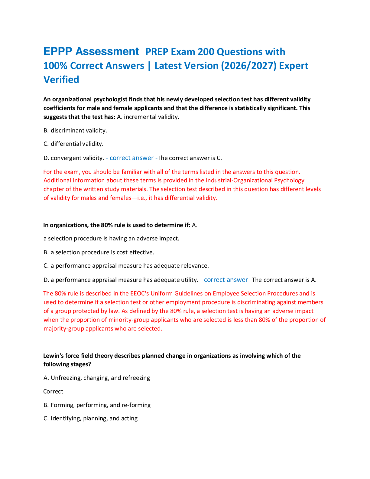 Recommended document preview for EPPP Assessment  PREP Exam 200 Questions with   100% Correct Answers | Latest Version (2026/2027) Expert  Verified