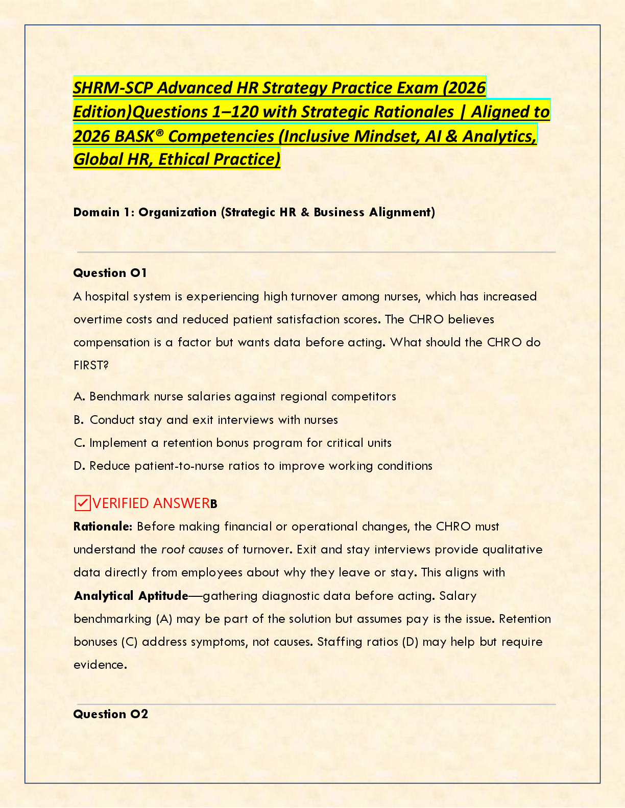 Preview of SHRM-SCP Advanced HR Strategy Practice Exam (2026   Edition)Questions 1–120 with Strategic Rationales | Aligned to   2026 BASK® Competencies (Inclusive Mindset, AI & Analytics,  Global HR, Ethical Practice