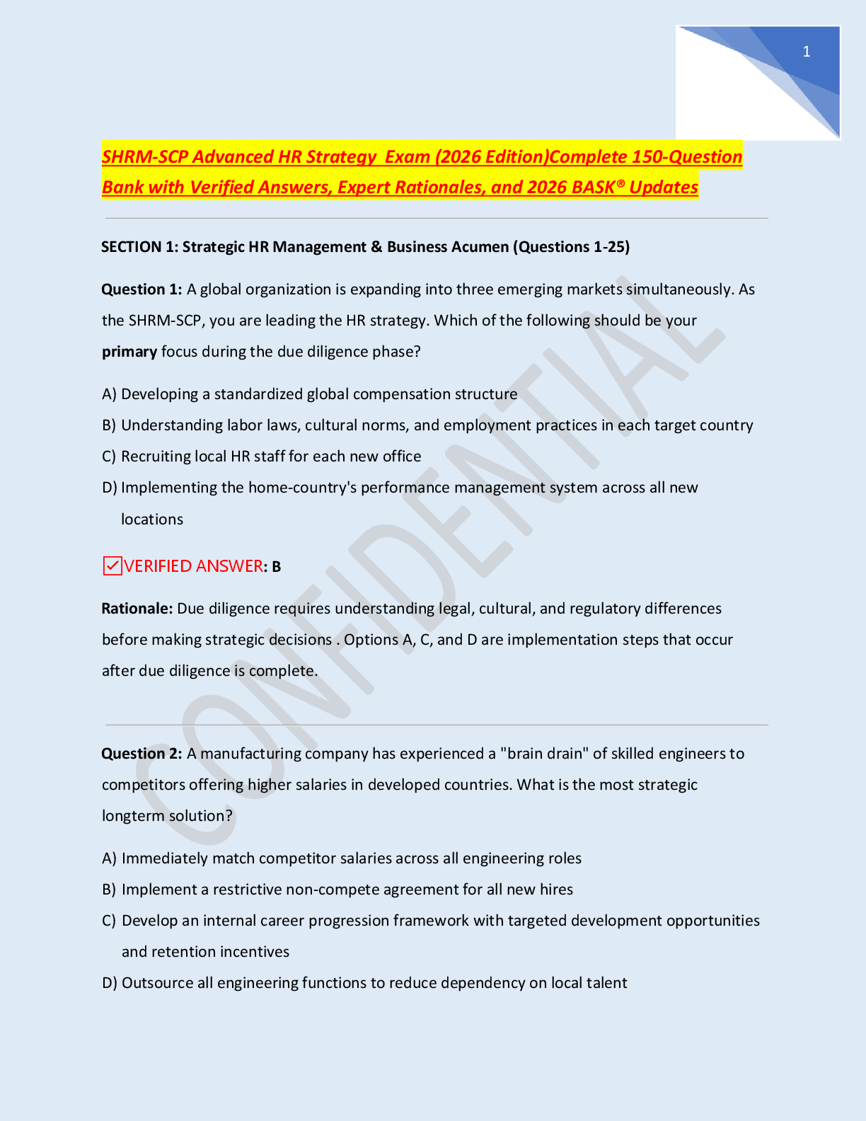 Preview of SHRM-SCP Advanced HR Strategy  Exam (2026 Edition)Complete 150-Question  Bank with Verified Answers, Expert Rationales, and 2026 BASK® Updates