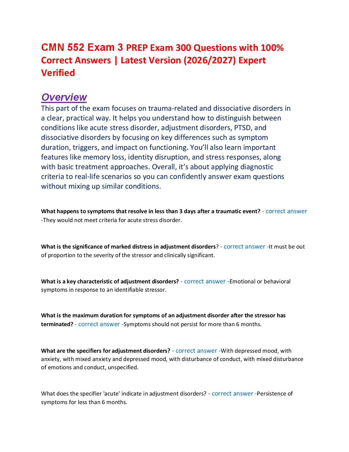 Recommended document preview for CMN 552 Exam 3 PREP Exam 300 Questions with 100%  Correct Answers | Latest Version (2026/2027) Expert  Verifiednur