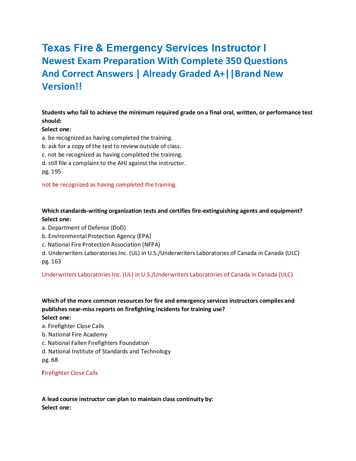 Texas Fire & Emergency Services Instructor I  Newest Exam Preparation With Complete 350 Questions  And Correct Answers | Already Graded A+||Brand New  Version!!