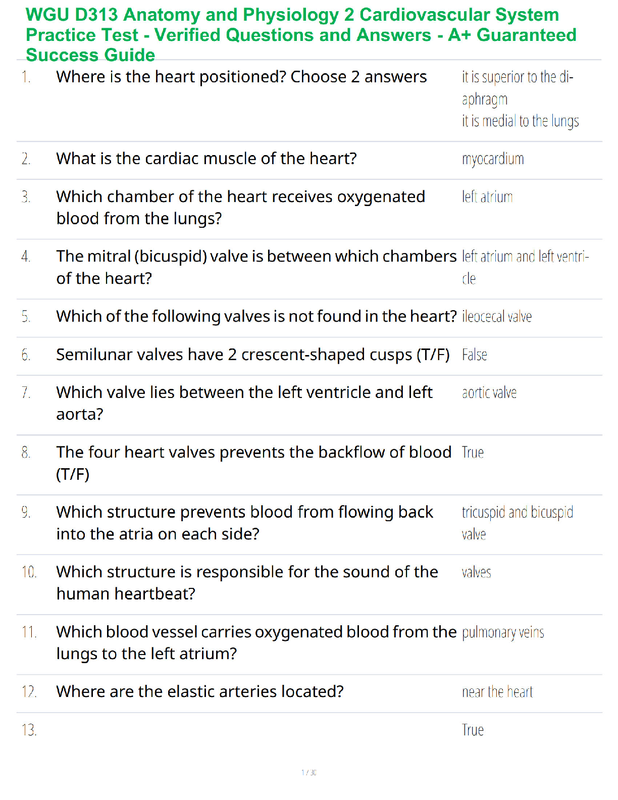 Preview of WGU D313 Anatomy and Physiology 2 Cardiovascular System Practice Test - Verified Questions and Answers - A+ Guaranteed Success Guide