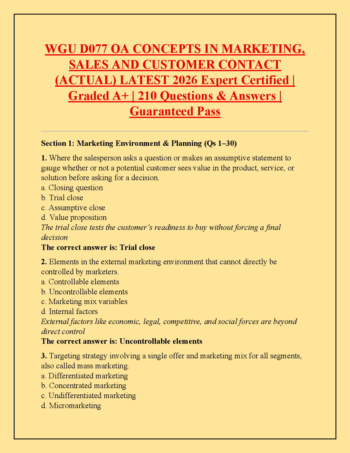 Preview image for WGU D077 OA CONCEPTS IN MARKETING,  SALES AND CUSTOMER CONTACT  (ACTUAL) LATEST 2026 Expert Certified |  Graded A+ | 210 Questions & Answers |  Guaranteed Pass