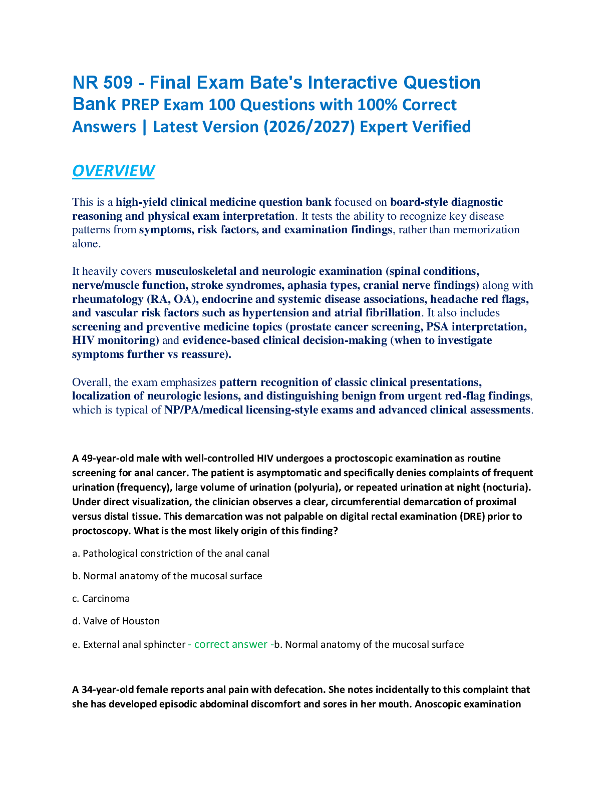 Recommended document preview for NR 509 - Final Exam Bate's Interactive Question  Bank PREP Exam 100 Questions with 100% Correct  Answers | Latest Version (2026/2027) Expert Verified