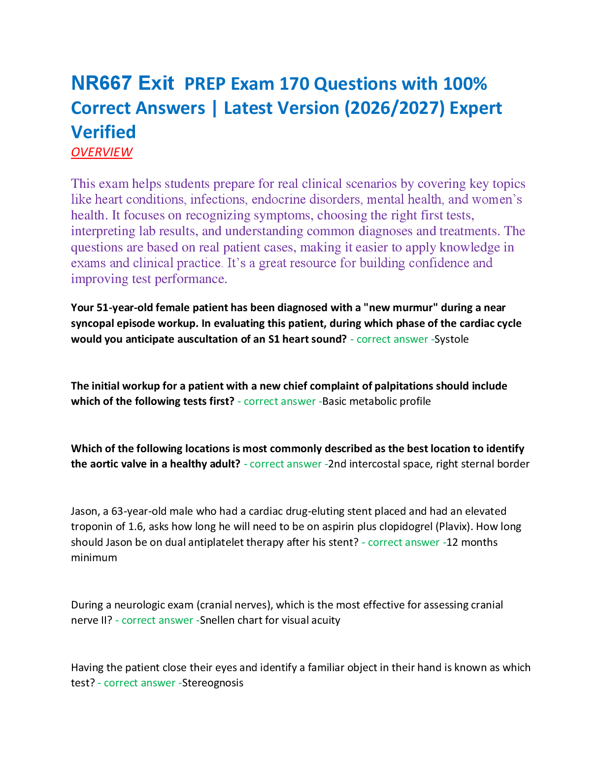Recommended document preview for NR667 Exit  PREP Exam 170 Questions with 100%  Correct Answers | Latest Version (2026/2027) Expert  Verified