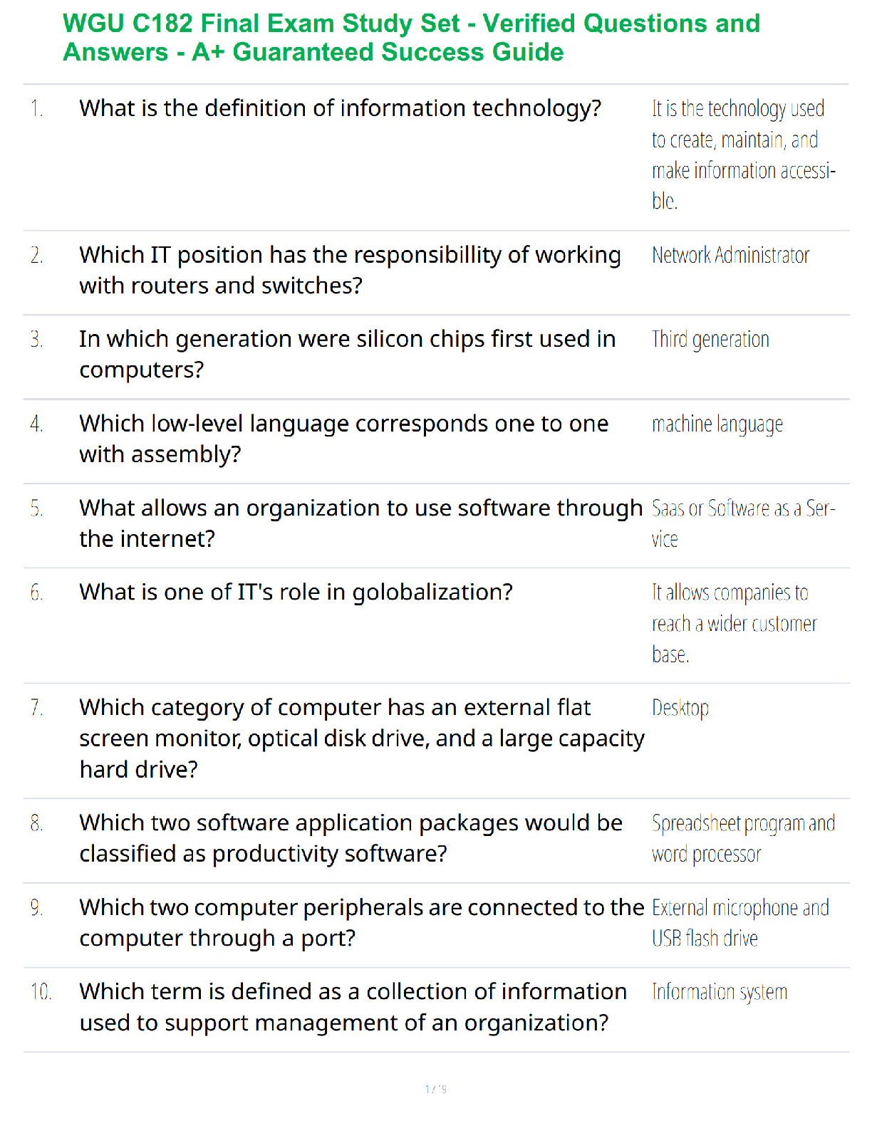 Preview of WGU C182 Final Exam Study Set - Verified Questions and Answers - A+ Guaranteed Success Guide