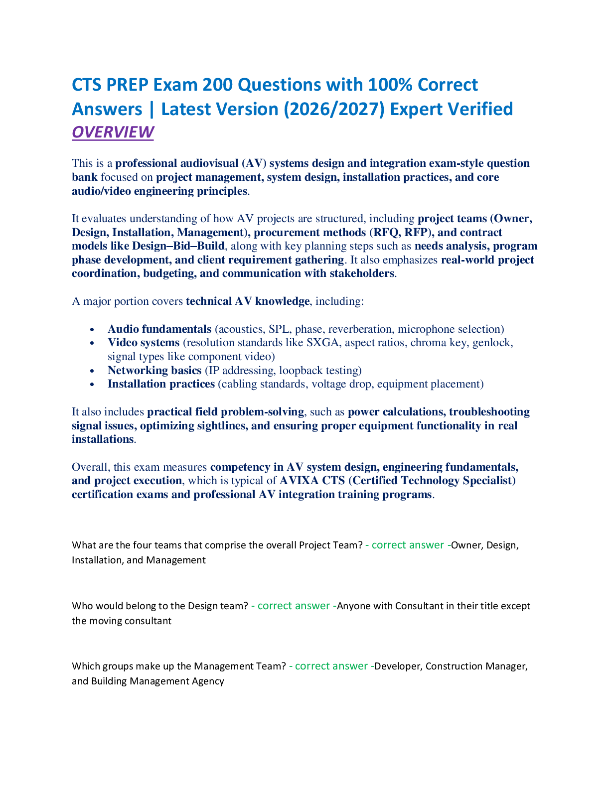 Recommended document preview for CTS PREP Exam 200 Questions with 100% Correct  Answers | Latest Version (2026/2027) Expert Verified