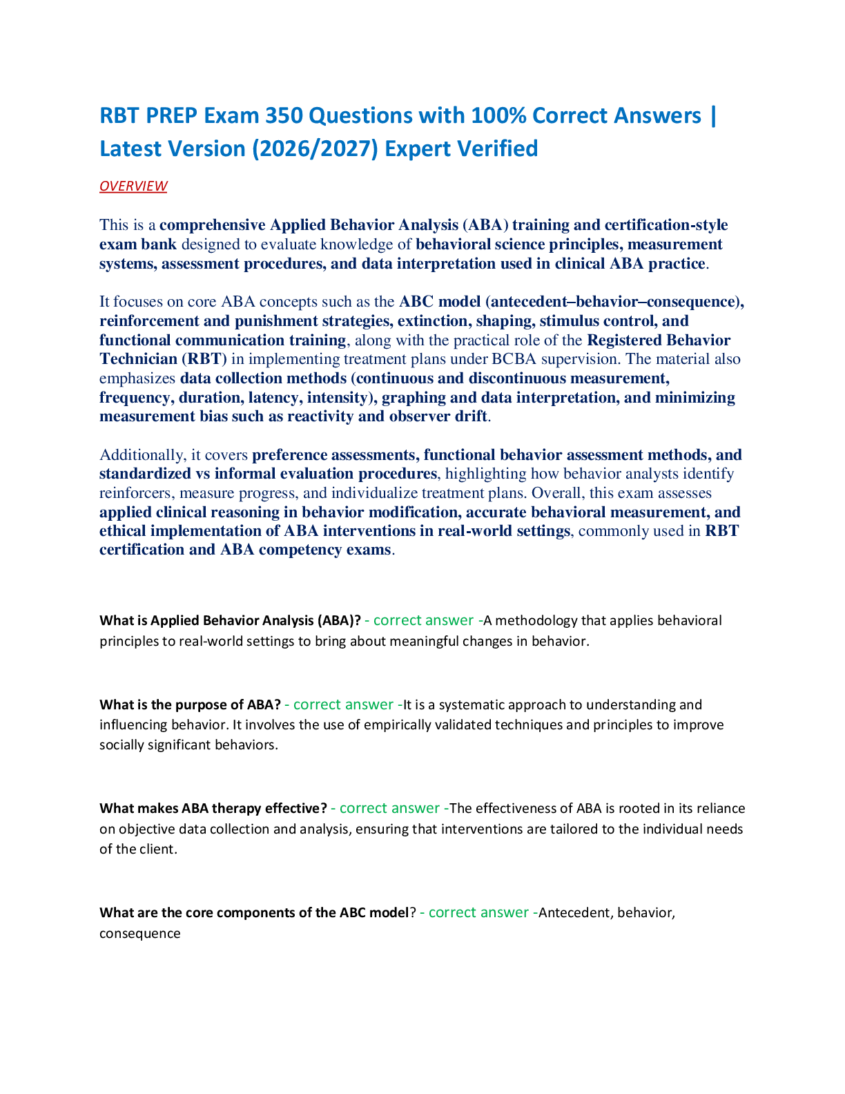 Recommended document preview for RBT PREP Exam 350 Questions with 100% Correct Answers |  Latest Version (2026/2027) Expert Verified