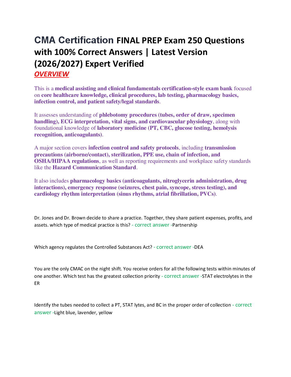 Recommended document preview for CMA Certification FINAL PREP Exam 250 Questions  with 100% Correct Answers | Latest Version  (2026/2027) Expert Verified