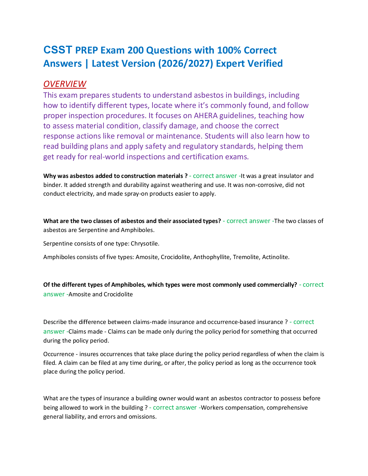 Recommended document preview for CSST PREP Exam 200 Questions with 100% Correct  Answers | Latest Version (2026/2027) Expert Verified